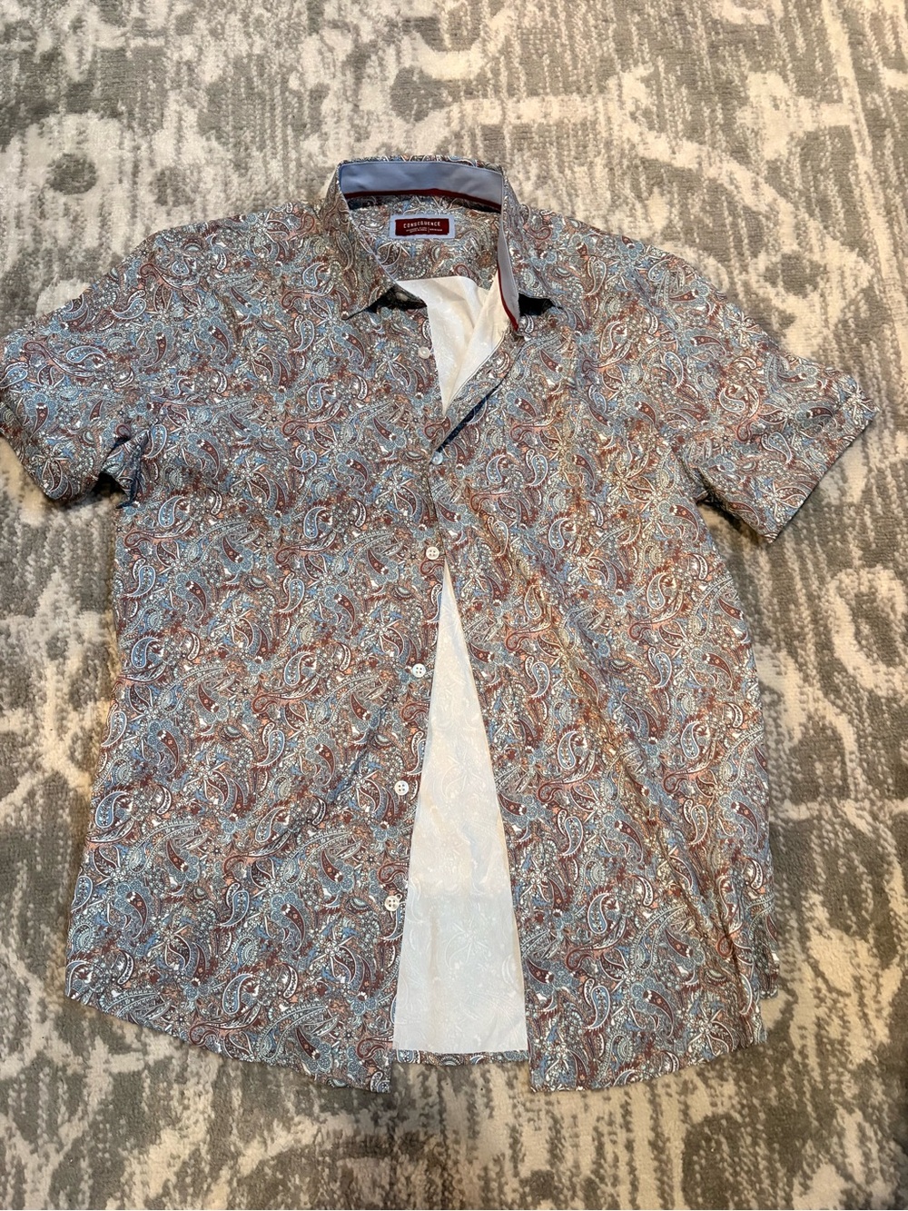 Cutter & Buck Short-Sleeve Paisley Button-Down Shirt in Blue and Brown